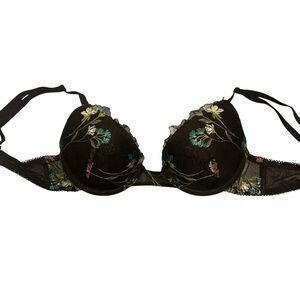 Etam Garden Themed Floral Embroidered Black Plunge Push-Up Bra